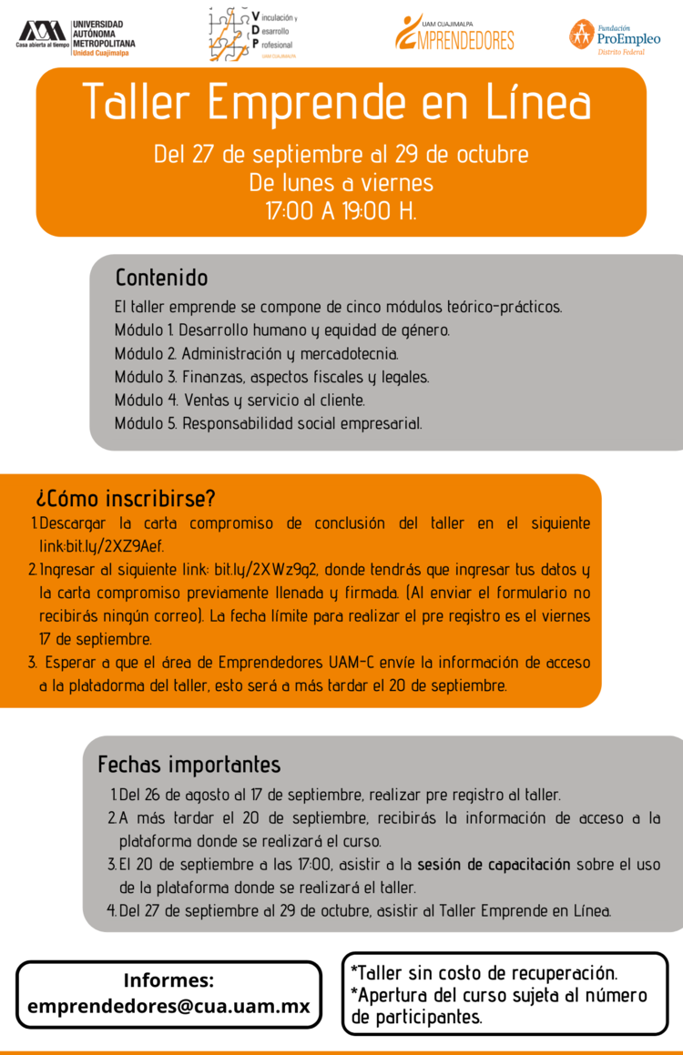 Cartel Taller emprende en línea