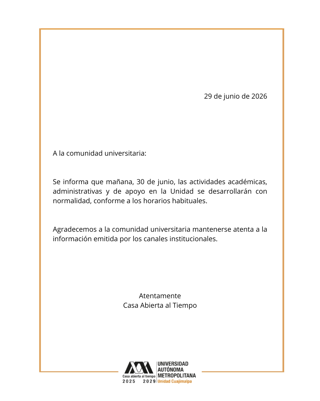 Aviso UAM 29 de junio 2026